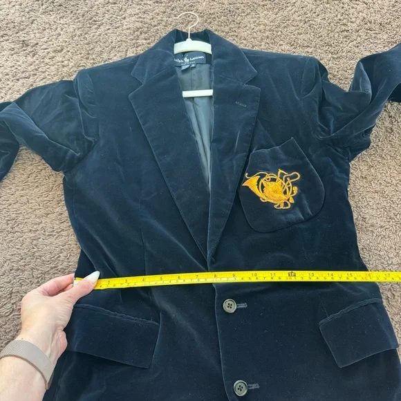 RALPH LAUREN Navy Blue Velvet Fox & Horn Crest  Blazer Jacket Long Line 8 - Picture 9 of 9